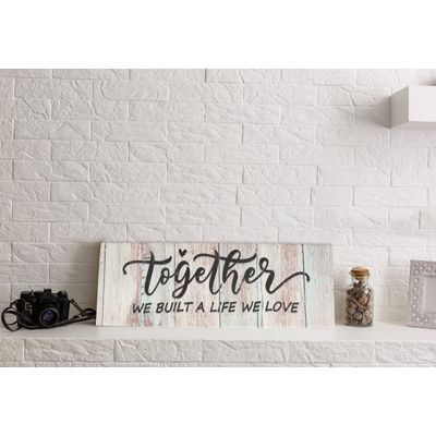 Tela Canvas Esticada com Frase 'Juntos Construímos Uma Vida Que Amamos' Placa Decorativa Rústica Estilo Fazenda Simulada - Inkdotpot 15,24 Cm × 43,18 Cm / Azul