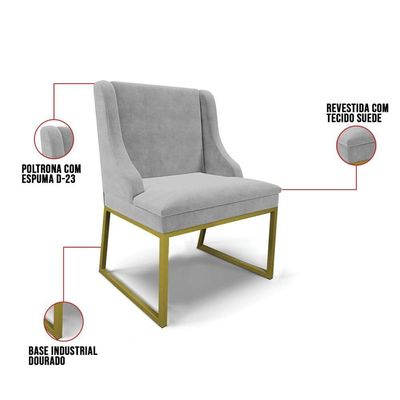 Cadeira Sala De Jantar Industrial Dourado Kit 6 Liz Suede Cinza D03 - D'rossi