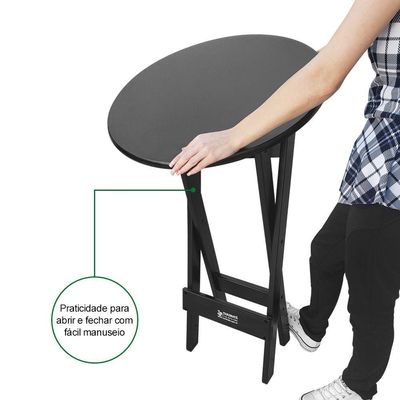 Conjunto Bistrô Mesa Dobrável De Madeira Redonda Com 2 Banquetas Preta - Tarimatã