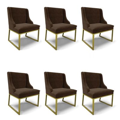 Cadeira Sala De Jantar Industrial Dourado Kit 6 Liz Suede Marrom D03 - D'rossi