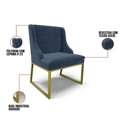 Cadeira Sala De Jantar Industrial Dourado Kit 10 Liz Suede Azul M D03 - D'rossi