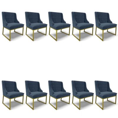 Cadeira Sala De Jantar Industrial Dourado Kit 10 Liz Suede Azul M D03 - D'rossi
