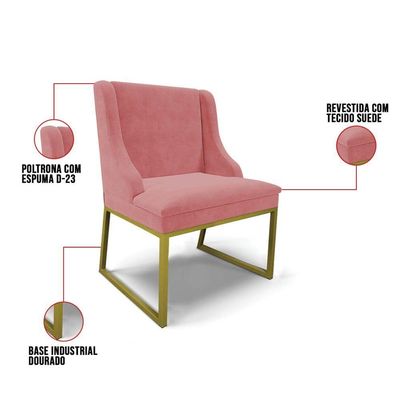 Cadeira Sala De Jantar Industrial Dourado Kit 4 Liz Suede Rosê D03 - D'rossi