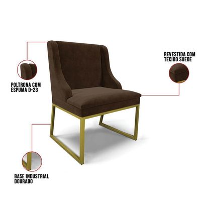 Cadeira Sala De Jantar Industrial Dourado Kit 4 Liz Suede Marrom D03 - D'rossi