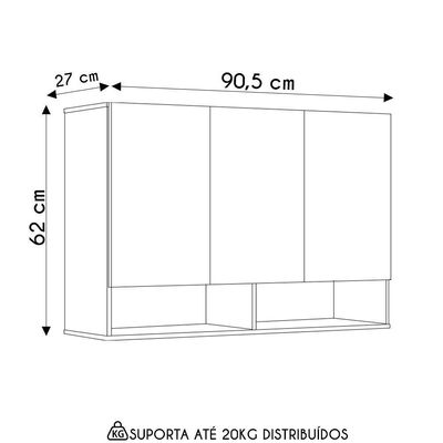 Armário De Cozinha Aéreo 3 Portas 2 Nichos 91cm Milão Branco - Ej Móveis
