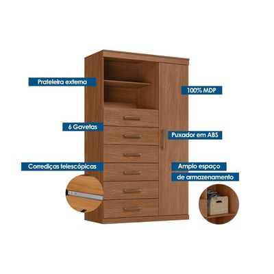 Cômoda Solteiro Marabá c/1 Porta c/Esp 6Gavs e Pés Cinamomo - S. Andirá