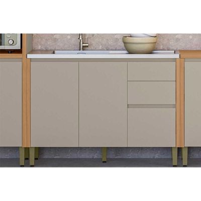 Módulo Cozinha Linea Allure Allure c/Tampo c/2 pta e 3 Gav 120cm Jequitiba/Gris Linea Brasil