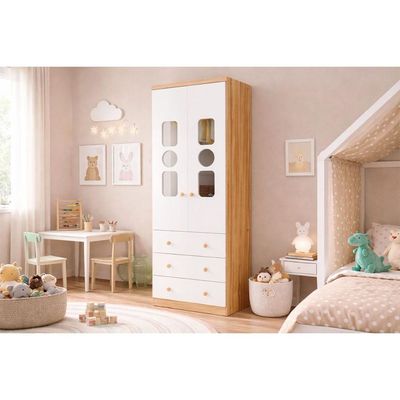 Guarda Roupa Infantil 2Ptas Cristal Tedy Brco/Amêndoa Peroba