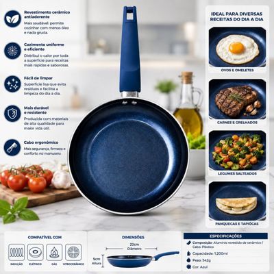 Frigideira Para Indução 22cm Cerâmica Antiaderente Azul