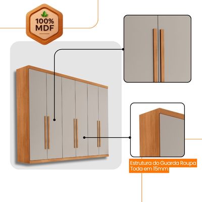 Guarda Roupa Casal Maya 100% MDF 6 Portas e 6 Gavetas - Rufato Naturalle/Off White