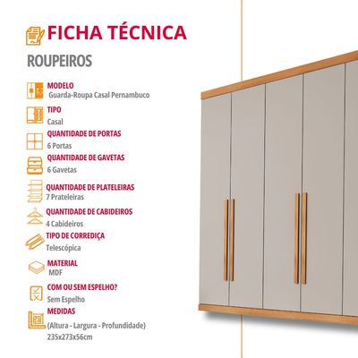 Guarda Roupa Casal Maya 100% MDF 6 Portas e 6 Gavetas - Rufato Naturalle/Off White