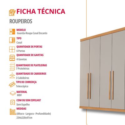 Guarda Roupa Casal Encanto 100% MDF 6 Portas e 4 Gavetas Rufato Naturalle/Off White