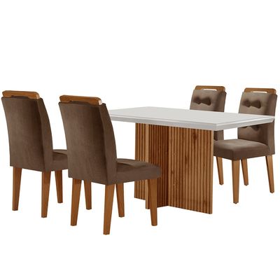 Sala de Jantar Mesa Olímpia 120CM MDF Vidro Canto Reto com 4 Cadeiras Carol Moderna Marrom, Off White e Imbuia