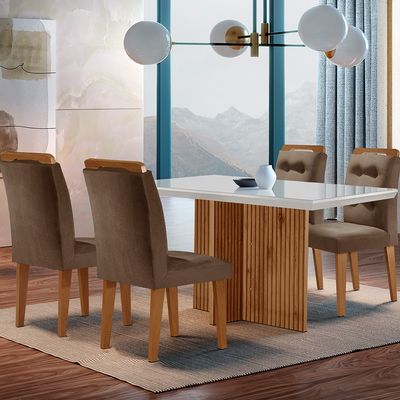 Sala de Jantar Mesa Olímpia 120CM MDF Vidro Canto Reto com 4 Cadeiras Carol Moderna Marrom, Off White e Imbuia
