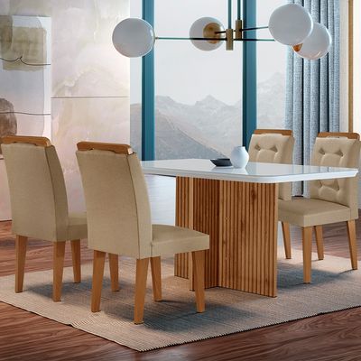 Sala de Jantar Mesa Olímpia 120CM MDF Vidro Canto Copo com 4 Cadeiras Carol Moderna Turim / Off White / Imbuia