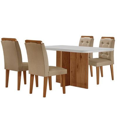 Sala de Jantar Mesa Olímpia 120CM MDF Vidro Canto Copo com 4 Cadeiras Carol Moderna Turim / Off White / Imbuia