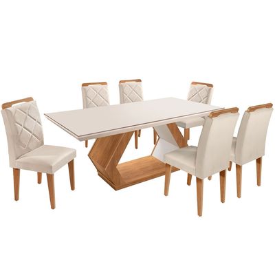 Mesa Alvorada 180 Tp Mdf Vidro canto Reto 6 Cadeiras Rufato Veludo Creme/Off White/Imbuia/Serig. Off