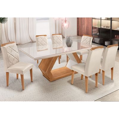 Mesa Alvorada 180 Tp Mdf Vidro canto Reto 6 Cadeiras Rufato Veludo Creme/Off White/Imbuia/Serig. Off