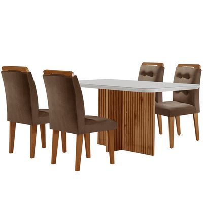 Sala de Jantar Mesa Olímpia 120CM MDF Vidro Canto Copo com 4 Cadeiras Carol Moderna Marrom, Off White e Imbuia