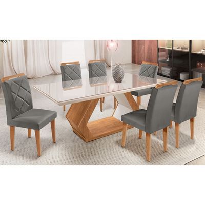 Mesa Alvorada 180 Tp Mdf Vidro canto Reto 6 Cadeiras Rufato Veludo Grafite/Imbuia Off/Serig Off