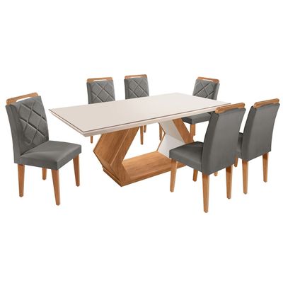 Mesa Alvorada 180 Tp Mdf Vidro canto Reto 6 Cadeiras Rufato Veludo Grafite/Imbuia Off/Serig Off