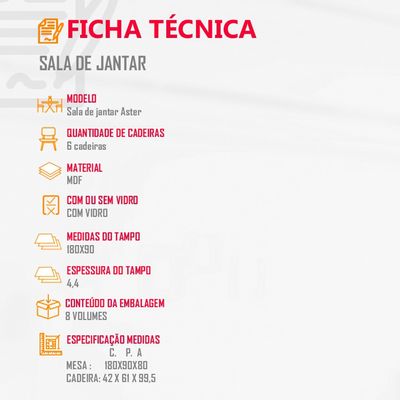Sala de jantar  Aster 180 Tampo em MDF e Vidro com 6 Cadeiras Liz Moderna Creme, Off White e Imbuia