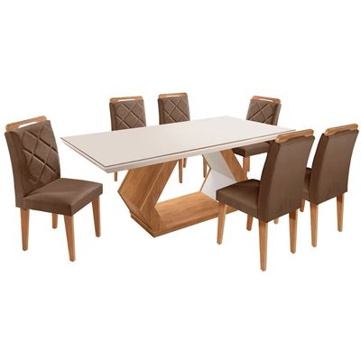 Mesa Alvorada 180 Tp Mdf Vidro canto Reto 6 Cadeiras Rufato Turim/Off White/Imbuia/Serig. Off White