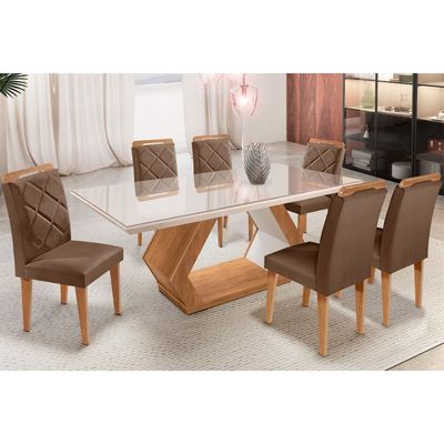 Mesa Alvorada 180 Tp Mdf Vidro canto Reto 6 Cadeiras Rufato Turim/Off White/Imbuia/Serig. Off White