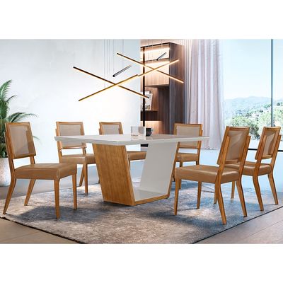 Conjunto Sala de Jantar Luna 180CM com 6 Cadeiras de Madeira Aila  Moderna Off