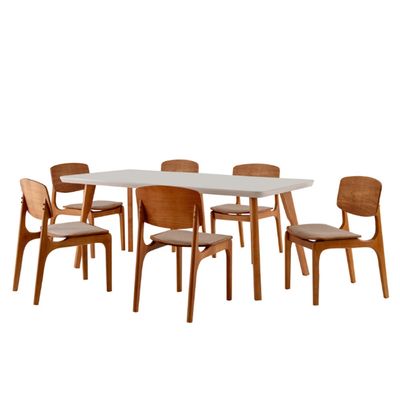 Conjunto Sala de Jantar Mesa Malta 160cm com Vidro e 6 Cadeiras Malta Gold em Madeira Moderna Linho Palha Off White Imbuia