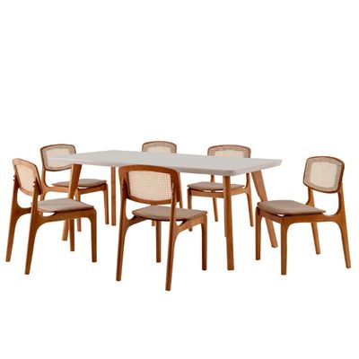 Conjunto Sala de Jantar Mesa Malta 160cm com vidro e 6 Cadeiras Malta Premium em Madeira Moderna Linho Palha Off White Imbuia