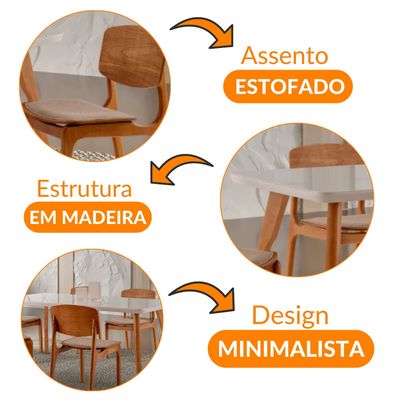 Conjunto Sala de Jantar Mesa Malta 160cm com Vidro e 6 Cadeiras Malta Gold em Madeira Moderna Linho Palha Off White Imbuia
