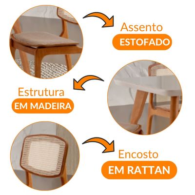 Conjunto Sala de Jantar Mesa Malta 160cm com vidro e 6 Cadeiras Malta Premium em Madeira Moderna Linho Palha Off White Imbuia