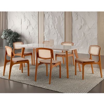 Conjunto Sala de Jantar Mesa Malta 160cm com vidro e 6 Cadeiras Malta Premium em Madeira Moderna Linho Palha Off White Imbuia