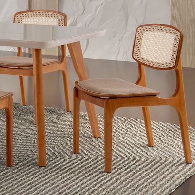 Conjunto Sala de Jantar Mesa Malta 160cm com vidro e 6 Cadeiras Malta Premium em Madeira Moderna Linho Palha Off White Imbuia