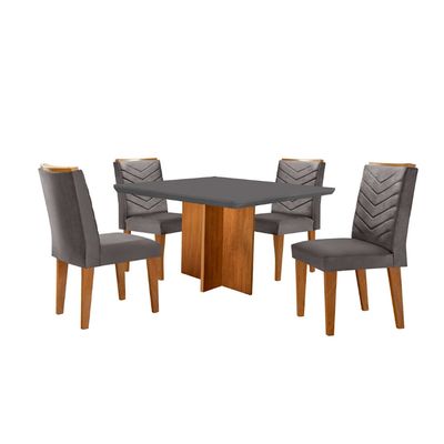 Conjunto Sala de Jantar Mesa Olímpia 90cm MDF Canto Copo e 4 Cadeiras Liz Moderna Veludo Grafite e Imbuia