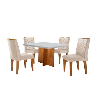 Conjunto Sala de Jantar Mesa Olímpia 90cm MDF Canto Copo e 4 Cadeiras Liz Moderna Vel.creme /off White/imbuia