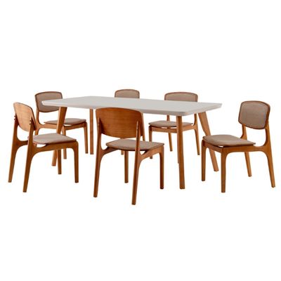 Conjunto Sala de Jantar Mesa Malta 160cm com Vidro e 6 Cadeiras Malta em Madeira Moderna Linho Palha Off White Imbuia