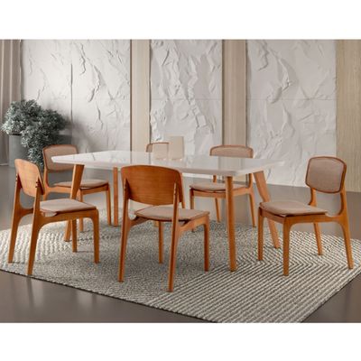 Conjunto Sala de Jantar Mesa Malta 160cm com Vidro e 6 Cadeiras Malta em Madeira Moderna Linho Palha Off White Imbuia