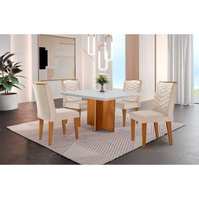 Conjunto Sala de Jantar Mesa Olímpia 90cm MDF Canto Copo e 4 Cadeiras Liz Moderna Vel.creme /off White/imbuia