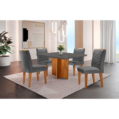 Conjunto Sala de Jantar Mesa Olímpia 90cm MDF Canto Copo e 4 Cadeiras Liz Moderna Linho Grafite e Imbuia