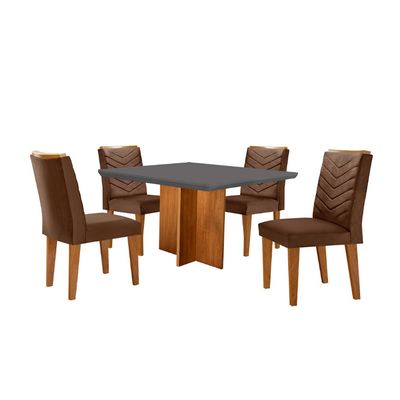 Conjunto Sala de Jantar Mesa Olímpia 90cm MDF Canto Copo e 4 Cadeiras Liz Moderna Veludo Marrom/Grafite/Imbuia