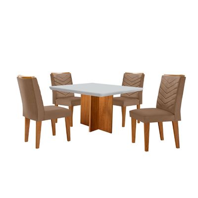 Conjunto Sala de Jantar Mesa Olímpia 90cm MDF Canto Copo e 4 Cadeiras Liz Moderna Vel. Capuccino Off White Imbuia