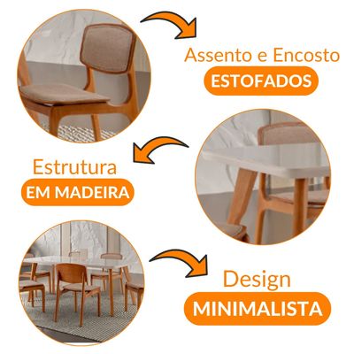 Conjunto Sala de Jantar Mesa Malta 160cm com Vidro e 6 Cadeiras Malta em Madeira Moderna Linho Palha Off White Imbuia