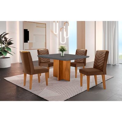 Conjunto Sala de Jantar Mesa Olímpia 90cm MDF Canto Copo e 4 Cadeiras Liz Moderna Veludo Marrom/Grafite/Imbuia