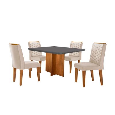 Conjunto Sala de Jantar Mesa Olímpia 90cm MDF Canto Copo e 4 Cadeiras Liz Moderna Veludo creme/Grafite/Imbuia