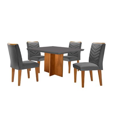 Conjunto Sala de Jantar Mesa Olímpia 90cm MDF Canto Copo e 4 Cadeiras Liz Moderna Linho Grafite e Imbuia