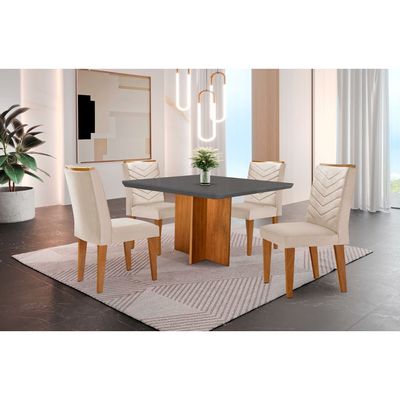 Conjunto Sala de Jantar Mesa Olímpia 90cm MDF Canto Copo e 4 Cadeiras Liz Moderna Veludo creme/Grafite/Imbuia