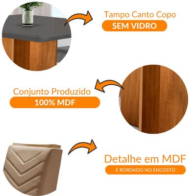Conjunto Sala de Jantar Mesa Olímpia 90cm MDF Canto Copo e 4 Cadeiras Liz Moderna Veludo Marrom/Grafite/Imbuia