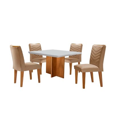 Conjunto Sala de Jantar Mesa Olímpia 90cm MDF Canto Copo e 4 Cadeiras Liz Moderna Turim / Off White / Imbuia